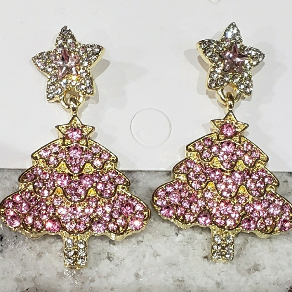 Gold and Pink Sparkly Christmas Tree Earrings